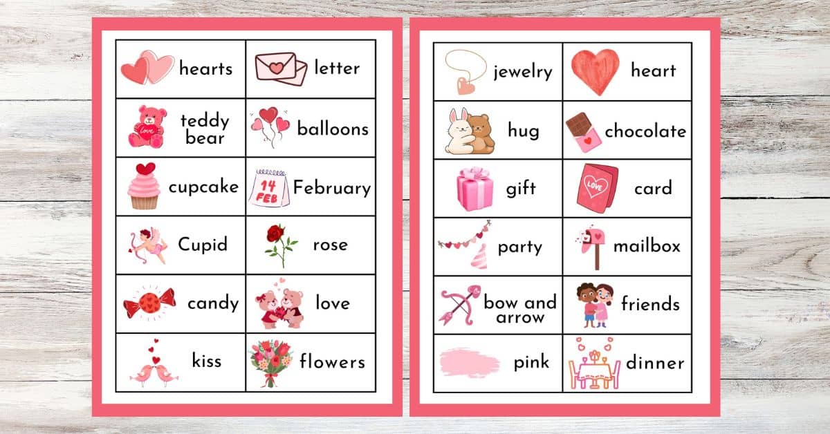 two sheets featuring cards with Valentine's Day themed words and graphics