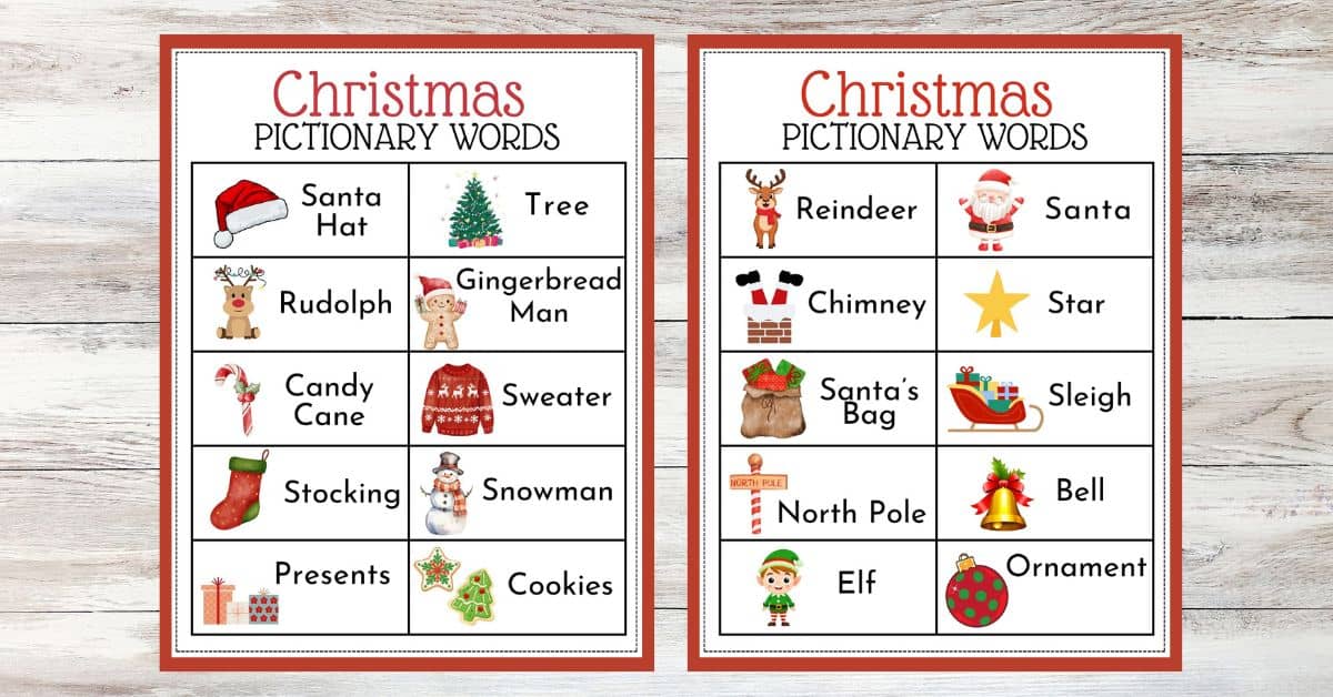 two printable pages with titles Christmas Pictionary Words on wooden plank background