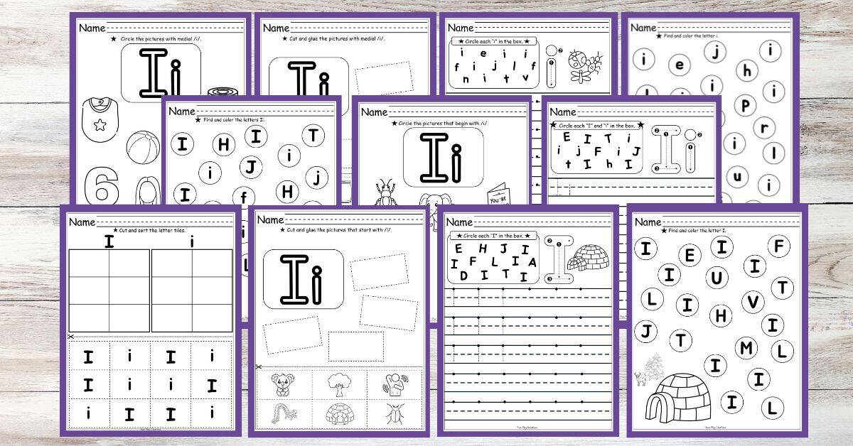 multiple Letter i worksheets on wooden plank background
