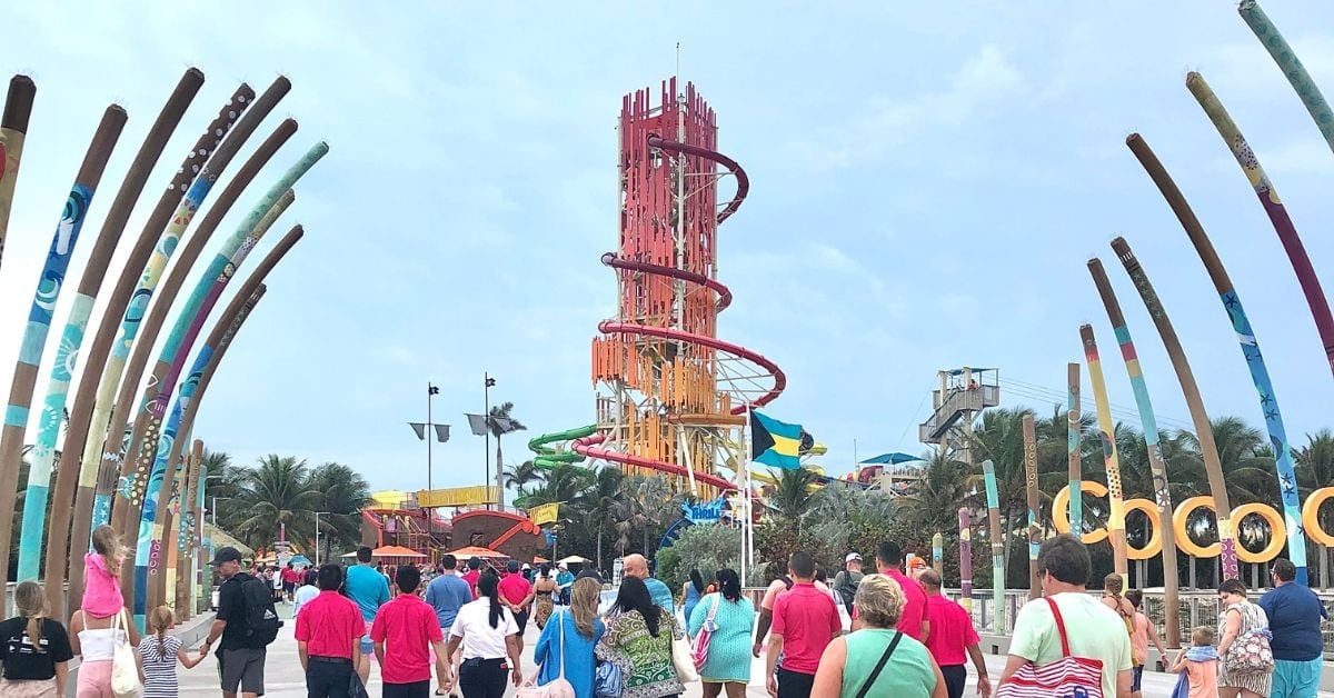 Entrance to CocoCay with tall water slides