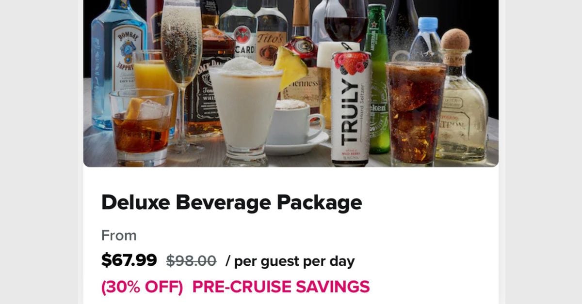 Alcoholic beverages with text Deluxe Beverage Package and sale information