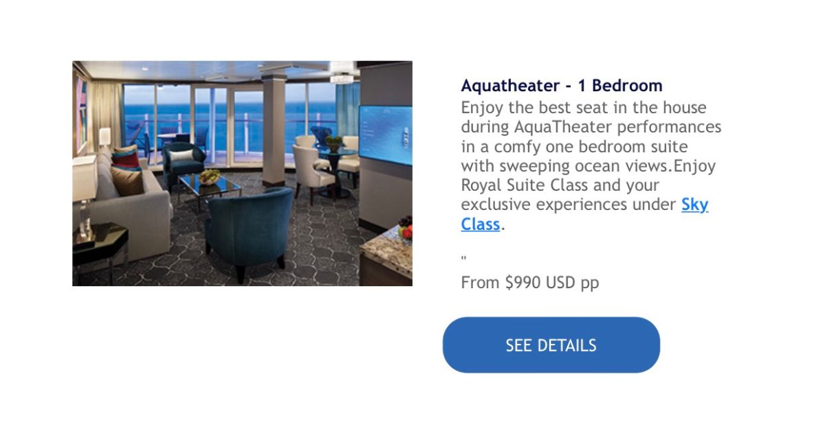 picture of cruise cabin with description of Aquatheater Suite and RoyalUP bid price