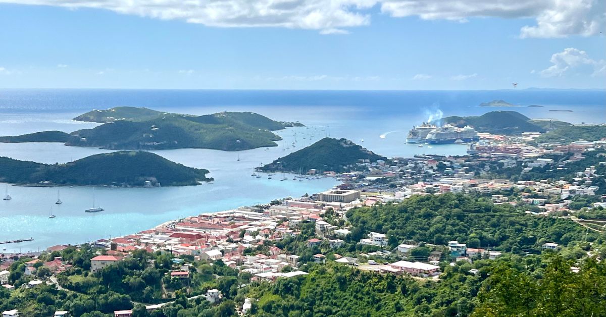 View of St. Thomas cruise port from hill