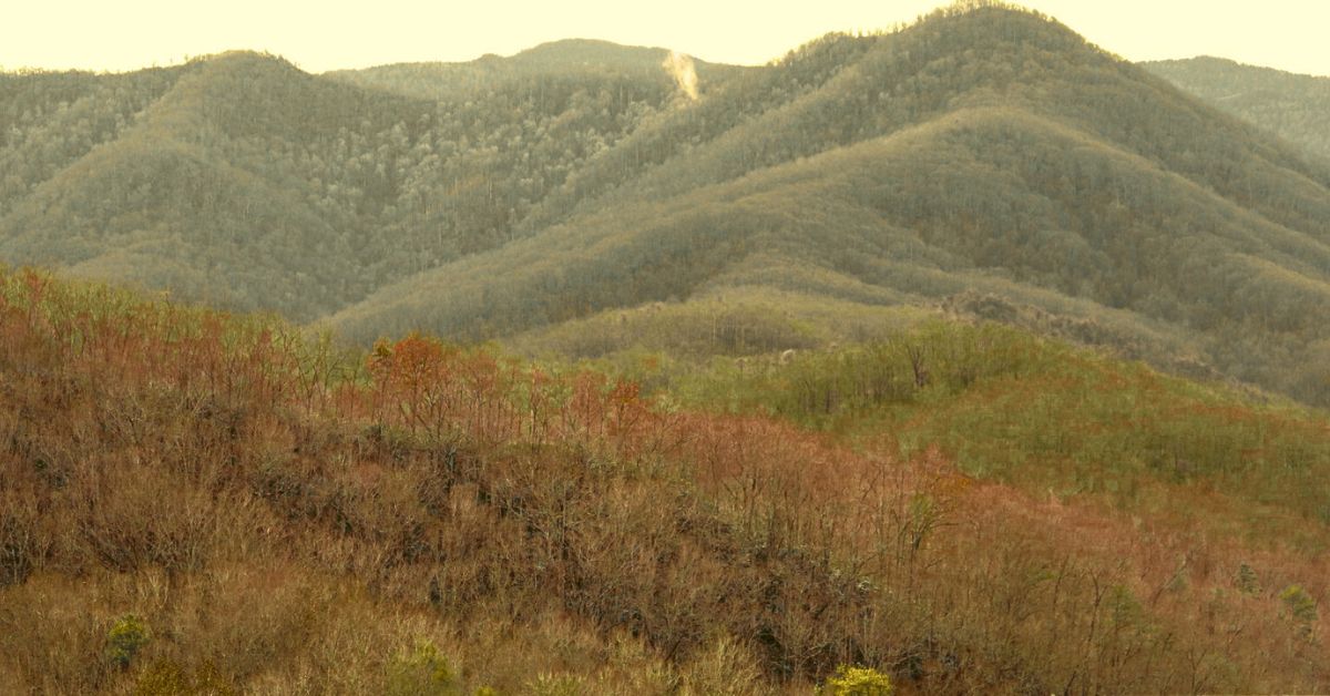 Smoky Mountains in Gatlinburg with orange and red leaves in fall
