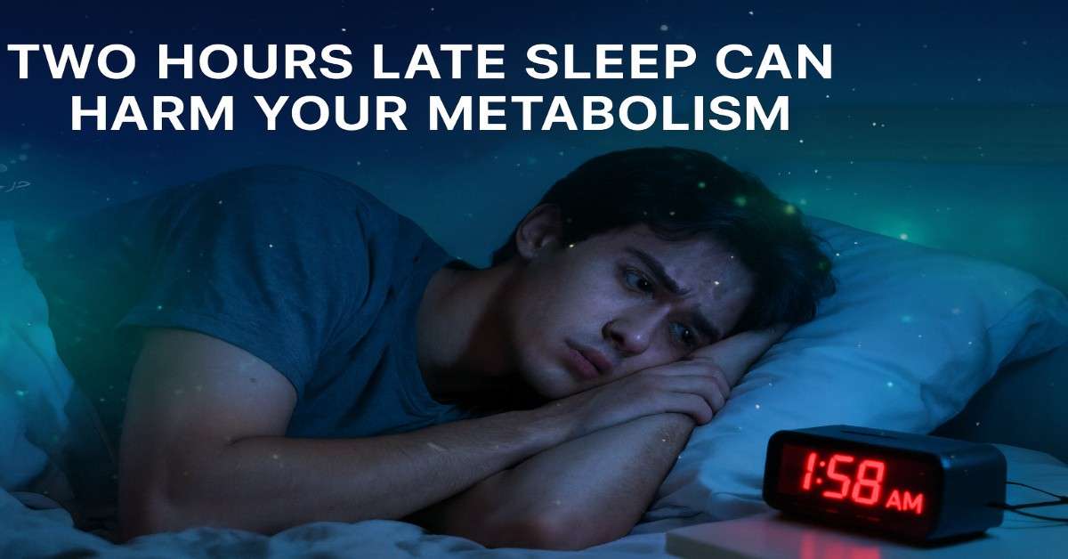 Person lying awake in bed with glowing clock showing late time, symbolizing sleep loss and its impact on metabolism.