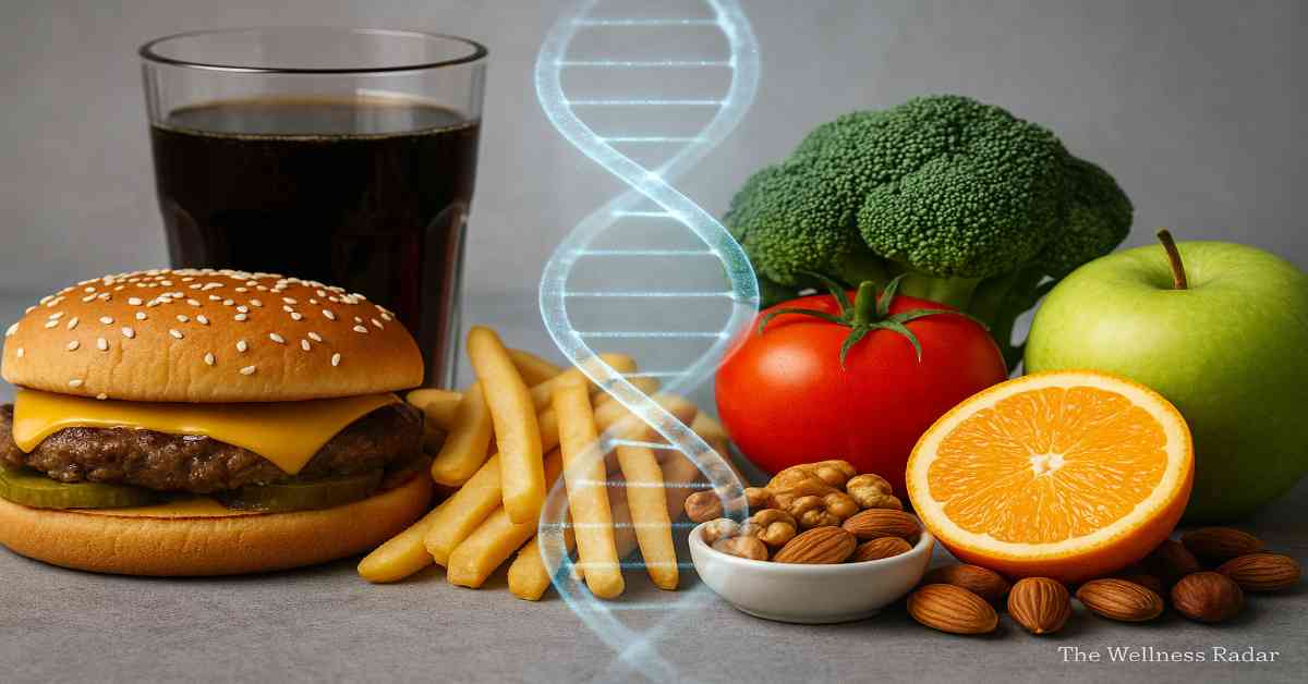 Composite banner contrasting junk food with whole foods divided by a glowing DNA helix