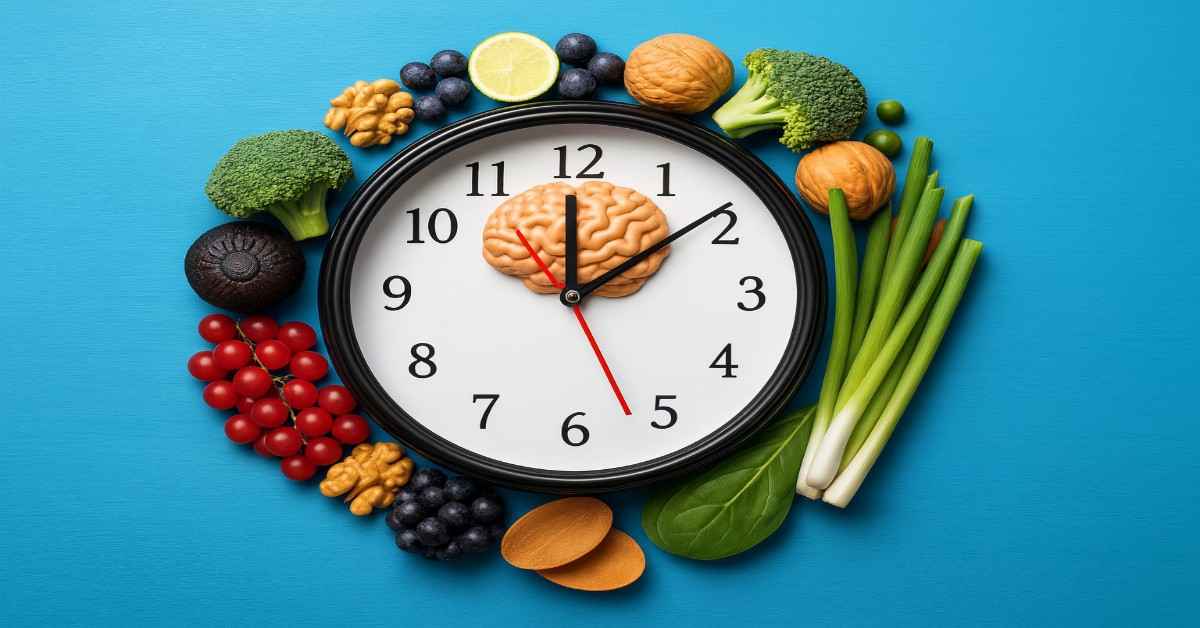 A clock face surrounded by fresh foods like berries, nuts, and vegetables, symbolizing food as a time signal for brain health.