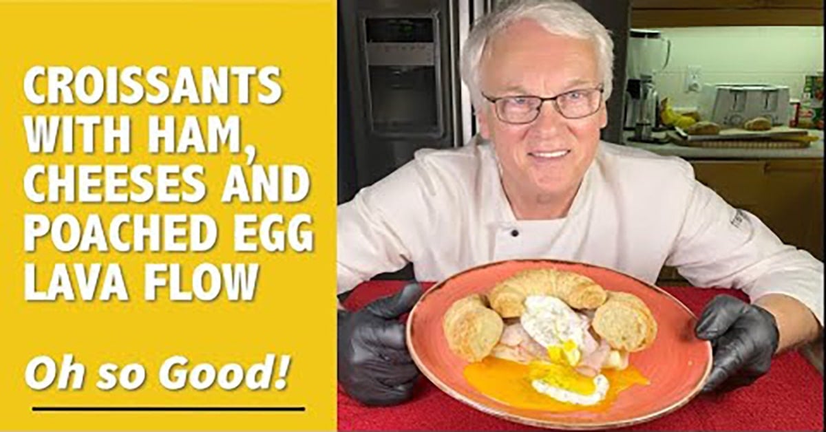 Croissants with ham, cheeses and poached egg (video)