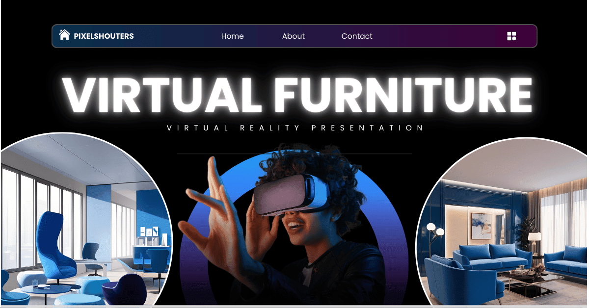 Virtual furniture presentation with VR headset experience and modern digitally staged rooms.