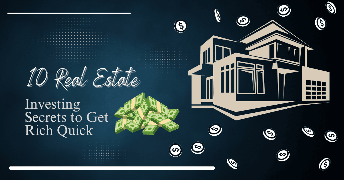A sleek graphic promoting real estate investment with a modern house outline, flying dollar signs, a stack of cash, and a hand gesture for success, all on a dark blue background with glowing accents. real estate investing image
