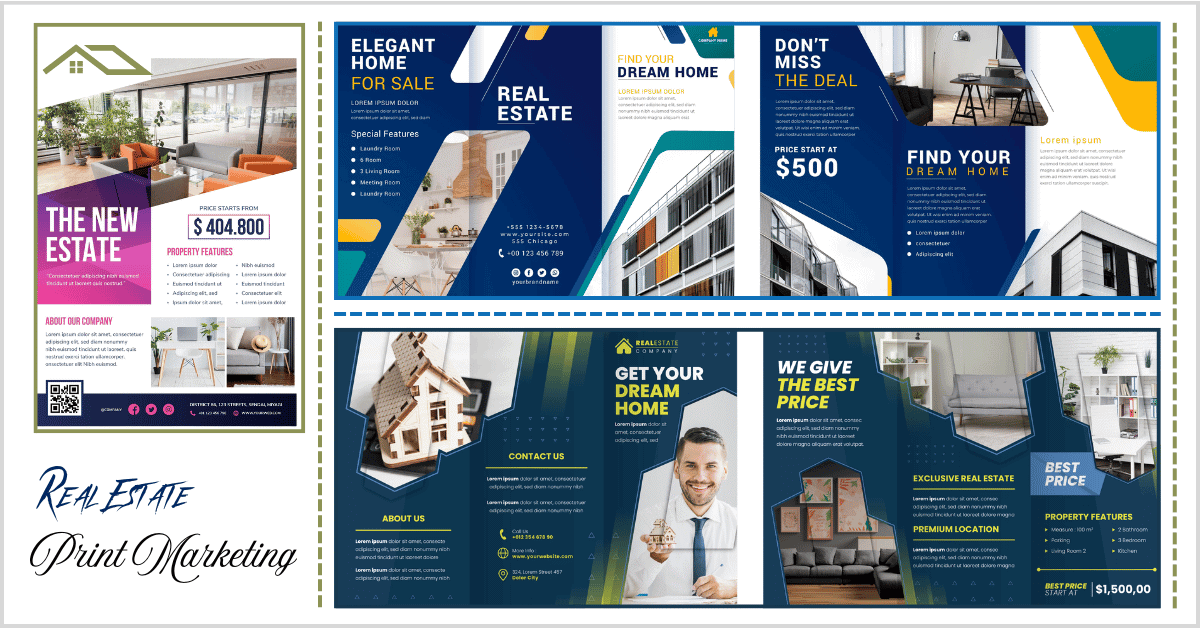 A vibrant real estate print marketing brochure featuring multiple panels with images of modern homes, pricing details ($404,800 and $1,500,00), and promotional text like "Elegant Home for Sale" and "Get Your Dream Home.
