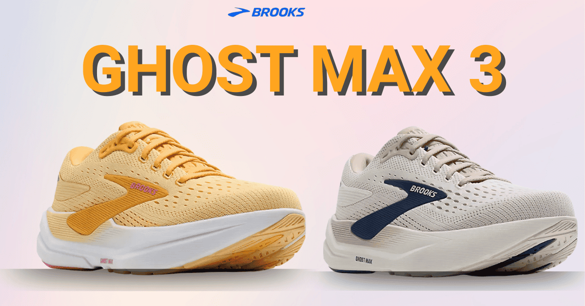 Light yellow and cream Brooks Ghost Max 3 running shoes displayed on a pink background, highlighting comfort and performance, perfect for running and walking.