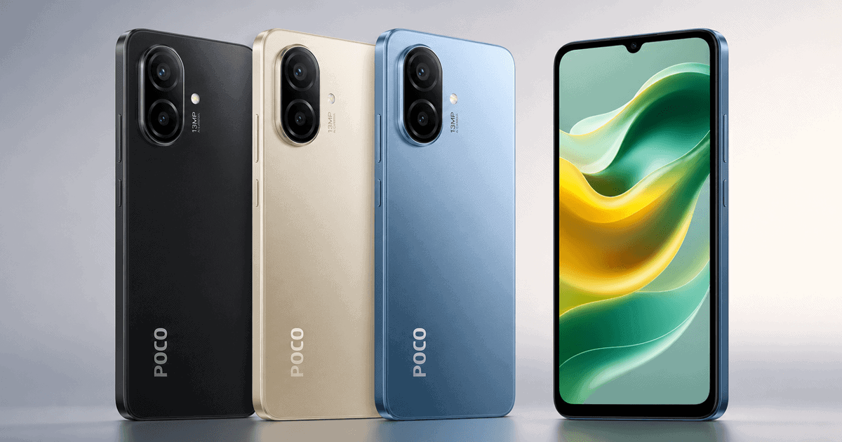 هاتف Xiaomi POCO C81 Pro بتصميم أنيق، كاميرا خلفية ثلاثية بدقة 50 ميجابكسل، شاشة كبيرة، وظهر مزود بألياف الكربون، على خلفية زرقاء داكنة بأضواء نيون، يعبر عن الأداء المتطور والقيمة الممتازة
