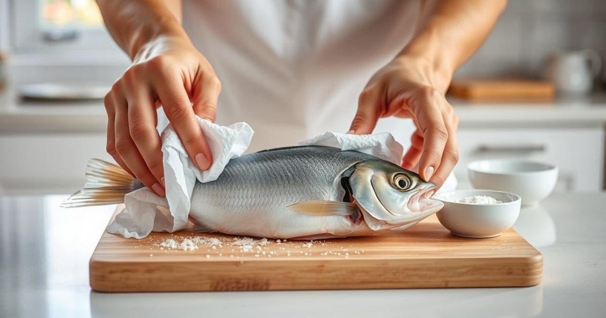 Cá được thấm khô và phủ bột nhẹ trước khi chiên.