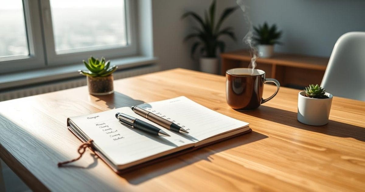 Hình ảnh bàn làm việc gọn gàng với sổ kế hoạch cá nhân