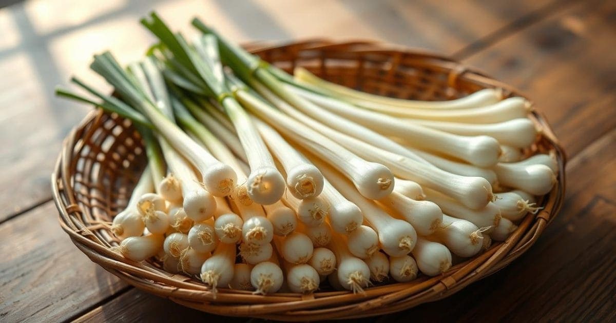 Sơ chế củ kiệu trắng nõn trên mẹt tre