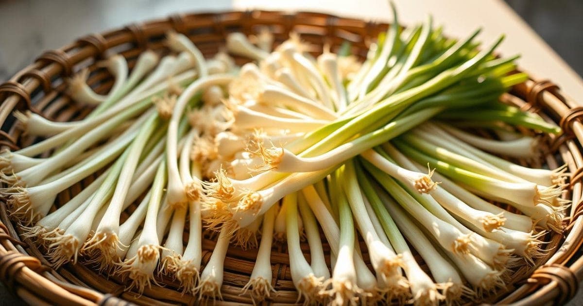Sơ chế củ kiệu tươi trên mẹt tre dưới ánh nắng