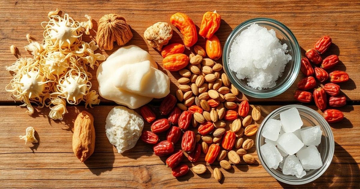 Các nguyên liệu nấu chè dưỡng nhan tuyết yến tươi ngon trên bàn gỗ