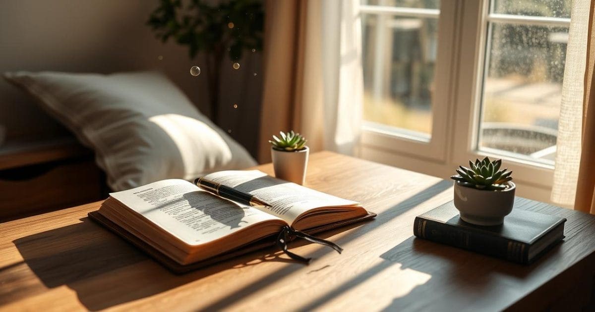 Bàn làm việc tràn ngập ánh nắng với sổ nhật ký.