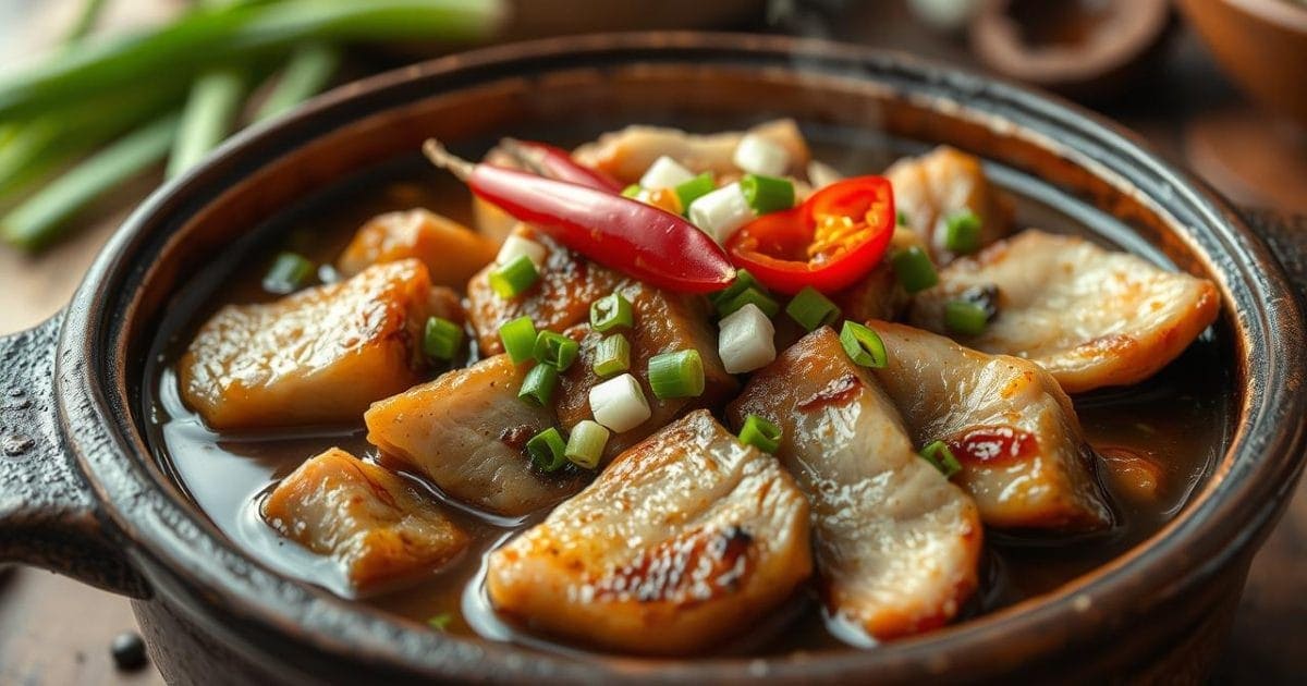 Cận cảnh món cá kho tộ hấp dẫn, với những miếng cá mềm mại và thịt ba chỉ béo ngậy được kho cùng nước sốt nâu cánh gián đậm đà, thơm lừng, phủ thêm hành lá và ớt tươi, tạo nên một món ăn đầy quyến rũ.