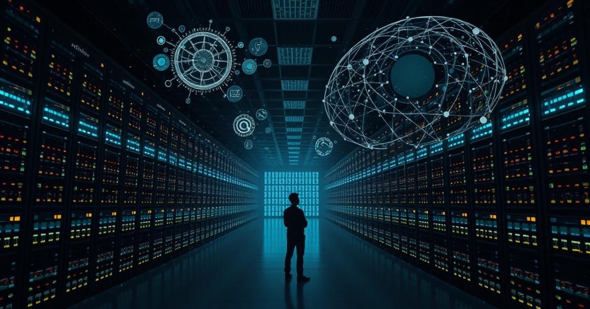 Cảnh quan một trung tâm dữ liệu hiện đại, rộng lớn với hàng loạt tủ server phát sáng kéo dài vô tận. Giữa không gian rộng lớn và phức tạp đó, một bóng người nhỏ bé đứng một mình, trông có vẻ choáng ngợp trước quy mô và sự phức tạp của công nghệ, thể hiện sự thiếu hụt nghiêm trọng về nguồn lực và chuyên môn.