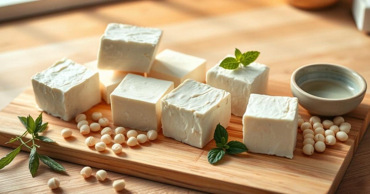 Đậu phụ tươi trên thớt gỗ và hạt đậu nành