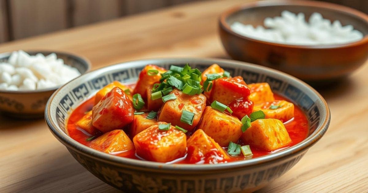 Đậu phụ sốt cà chua với hành lá và rau mùi