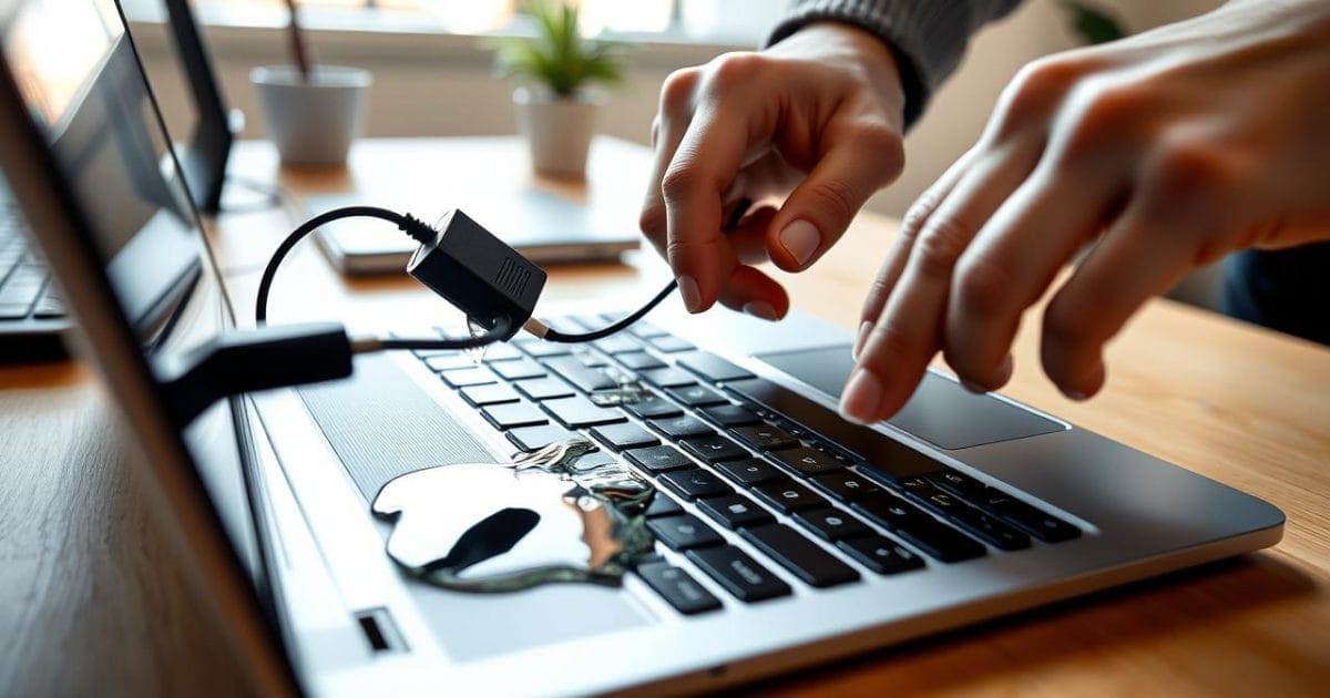 Hình ảnh cận cảnh bàn tay của một người đang vội vàng ngắt kết nối dây sạc khỏi laptop và rút các thiết bị ngoại vi khác, với một vũng nước nhỏ trên bàn phím, minh họa hành động sơ cứu cấp tốc và quan trọng nhất khi máy tính bị dính nước.