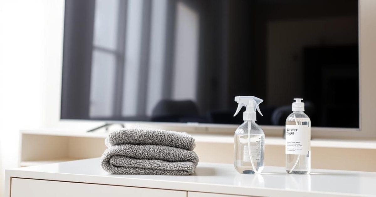 Hình ảnh cận cảnh các dụng cụ vệ sinh màn hình TV chuyên dụng được đặt gọn gàng trên bàn cạnh một chiếc TV hiện đại đang tắt. Bao gồm khăn microfiber mềm mại, bình xịt nước cất và dung dịch vệ sinh màn hình, sẵn sàng cho việc làm sạch an toàn và hiệu quả.