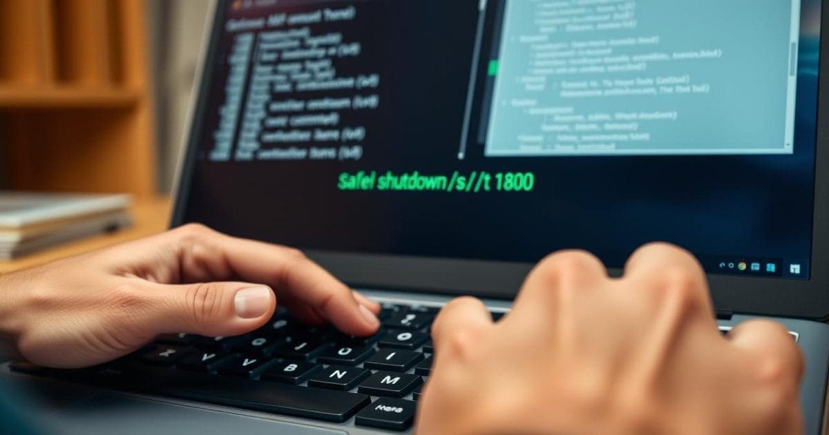 Hình ảnh cận cảnh một đôi tay đang gõ lệnh 'shutdown /s /t' vào cửa sổ Command Prompt trên màn hình máy tính Windows, thể hiện phương pháp hẹn giờ tắt máy nhanh chóng và hiệu quả bằng câu lệnh.