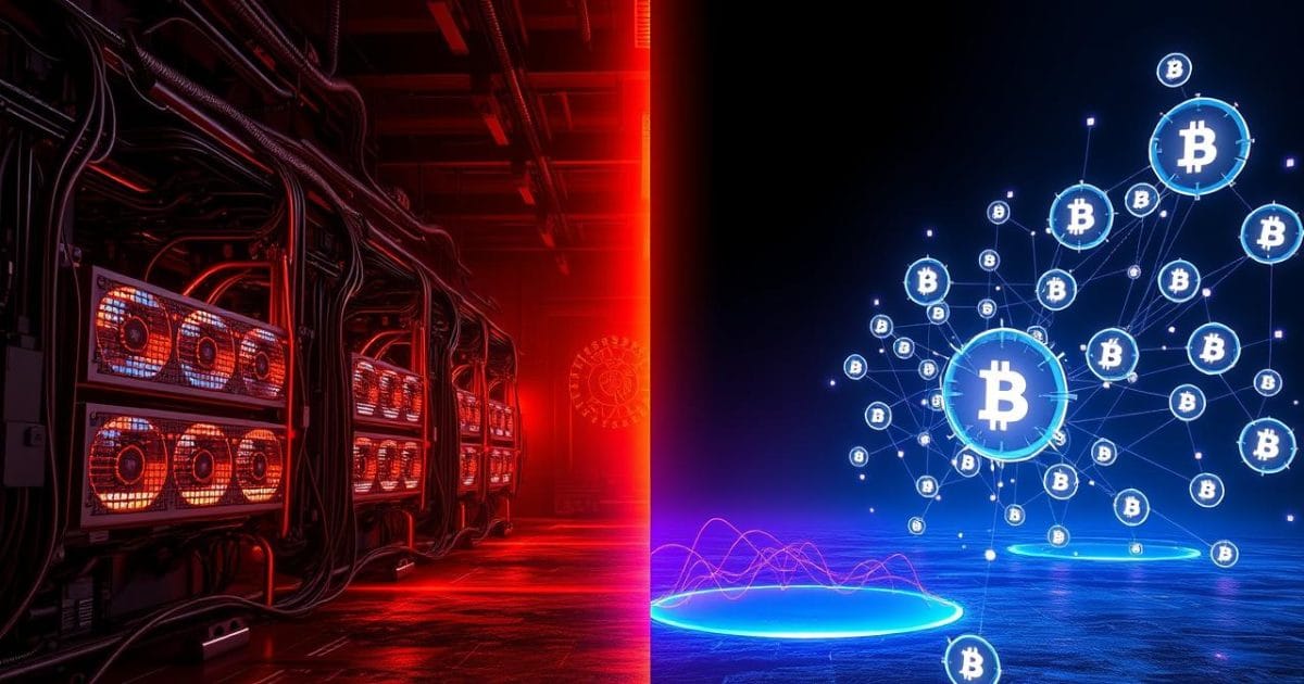 Thuật toán đồng thuận: Nền tảng của hệ thống phân tán và blockchain Hình ảnh đối lập rõ rệt giữa hai thuật toán đồng thuận: bên trái là cảnh khai thác năng lượng Proof of Work với máy móc tỏa nhiệt, và bên phải là không gian kỹ thuật số Proof of Stake yên bình với các tài sản ảo được đặt cược để xác thực.