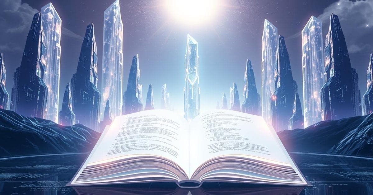 Hình ảnh minh họa cho thấy một sách trắng crypto như một nền tảng minh bạch và đáng tin cậy, với các cấu trúc dữ liệu pha lê trong một cảnh quan kỹ thuật số tương lai, tượng trưng cho sự rõ ràng và chiều sâu thông tin mà một sách trắng mang lại.