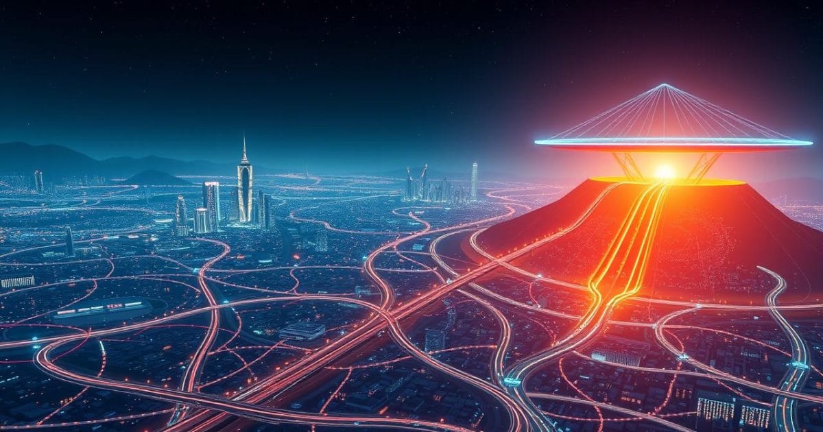 Hình ảnh minh họa khái niệm về giải pháp ZK-Rollups vượt qua thách thức tắc nghẽn trên blockchain Layer 1. Phía dưới là mạng lưới kỹ thuật số phức tạp, đầy ứ các luồng dữ liệu chậm chạp tượng trưng cho tình trạng quá tải và chi phí cao. Phía trên, một cấu trúc mạng lưới hiện đại, tốc độ cao xử lý hàng nghìn giao dịch thành các gói dữ liệu nén, sau đó gửi một bằng chứng nhỏ gọn trở lại chuỗi chính để xác minh nhanh chóng, mang lại hiệu quả vượt trội.
