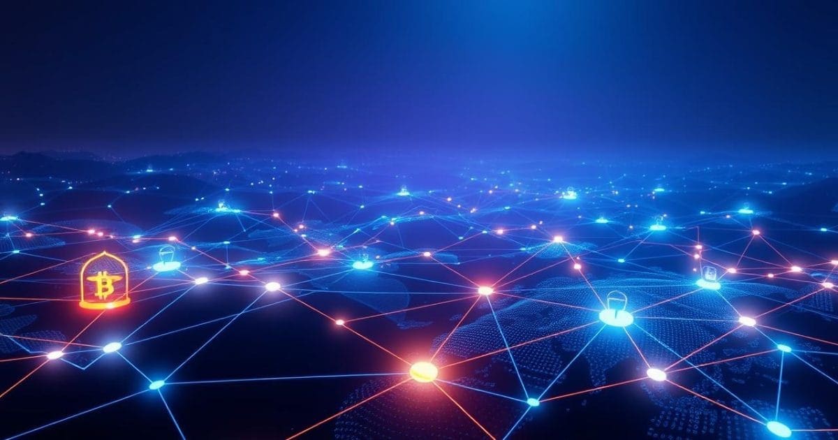 Hình ảnh minh họa mạng lưới blockchain toàn cầu, với các khối dữ liệu phát sáng và đường kết nối phức tạp tượng trưng cho sự phi tập trung và bảo mật của tiền điện tử, lan tỏa khắp không gian kỹ thuật số.