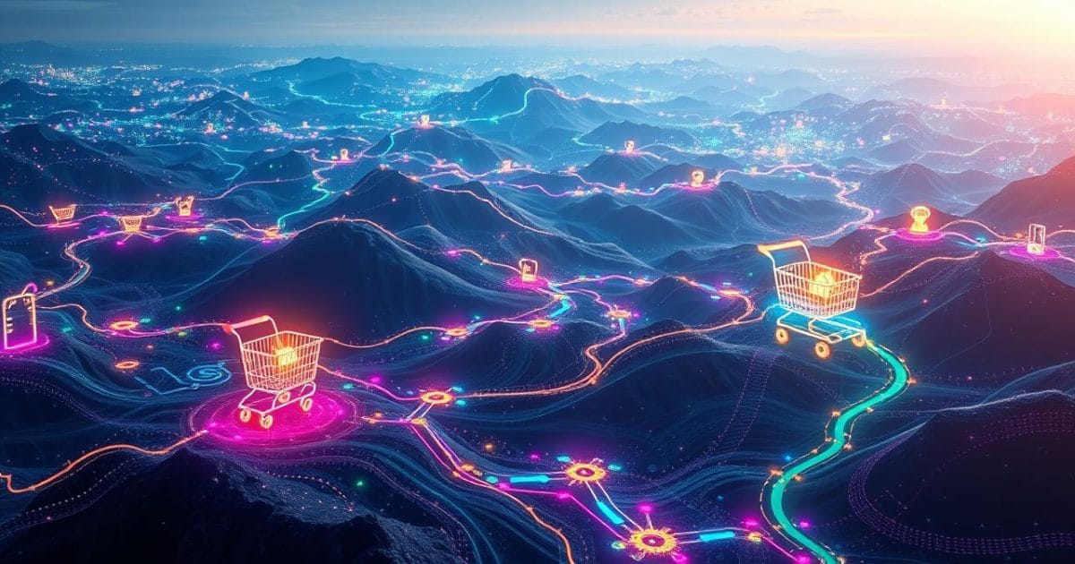 Hình ảnh minh họa mạng lưới dữ liệu khổng lồ (Big Data) với các dòng chảy thông tin kỹ thuật số phát sáng, liên kết chặt chẽ với hoạt động thương mại điện tử, biểu trưng cho sự tăng trưởng và hiểu biết sâu sắc về khách hàng trong kỷ nguyên số.