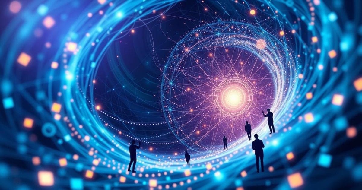 Hình ảnh minh họa một cách trừu tượng về Big Data, thể hiện các luồng dữ liệu số kết nối và các điểm dữ liệu phát sáng tạo thành một luồng xoáy phức. Bên trong đó, những hình bóng con người tương tác với dữ liệu, truyền tải ý nghĩa về sự khám phá và khai thác thông tin trong kỷ nguyên số.