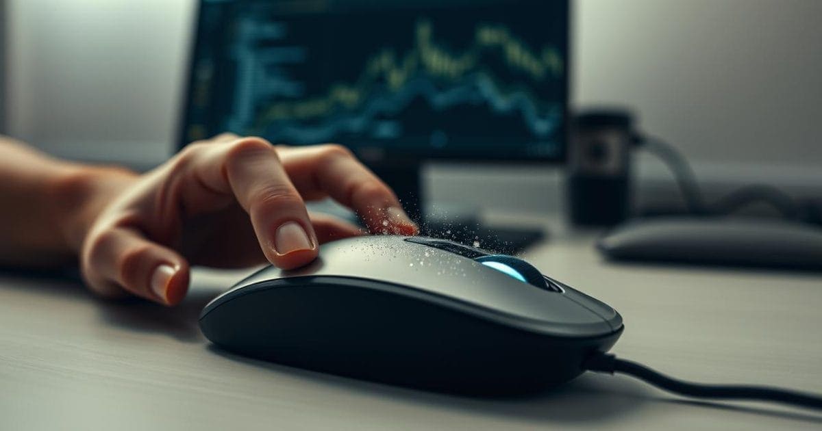 Hình ảnh minh họa sự khó chịu và phức tạp khi người dùng đối mặt với lỗi nhấp đúp của chuột máy tính, với các yếu tố trừu tượng thể hiện cả vấn đề phần cứng bên trong chuột và trục trặc phần mềm trên màn hình, gây ảnh hưởng đáng kể đến trải nghiệm sử dụng.