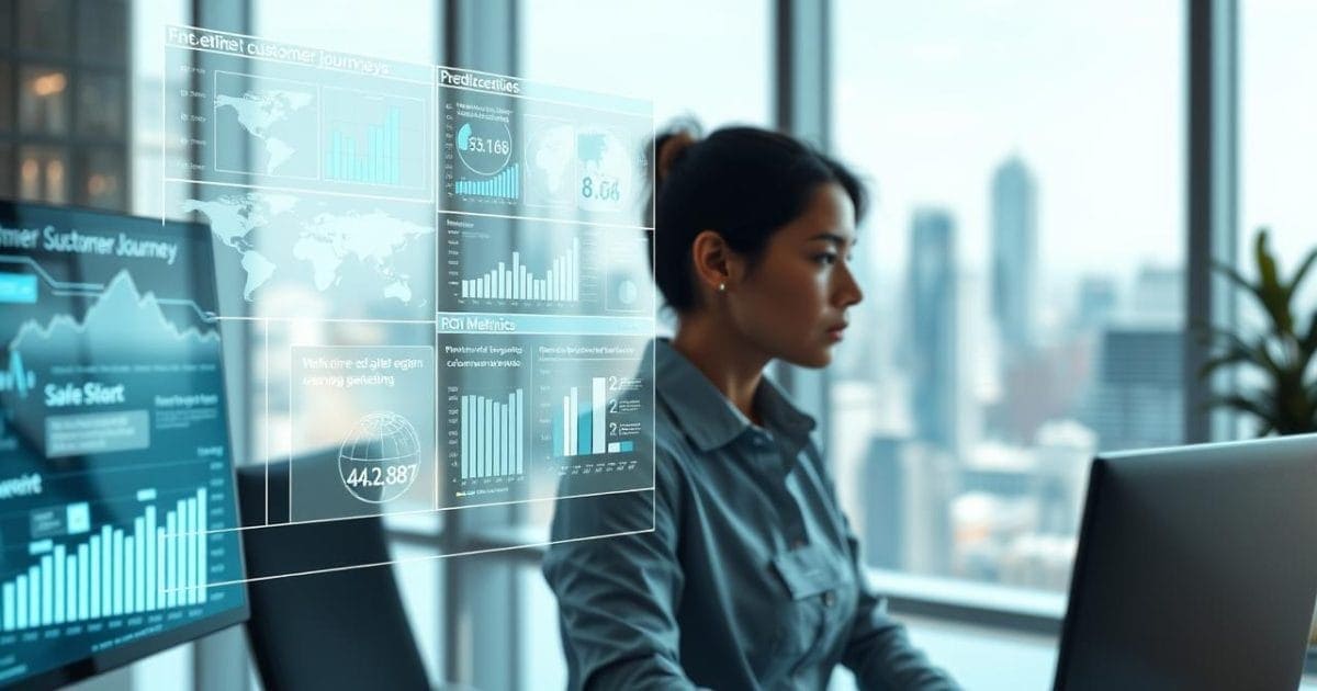 Ứng dụng big data trong marketing: Chuyển đổi chiến lược, tối ưu hiệu quả Hình ảnh một chuyên gia marketing đang tập trung làm việc tại một bàn làm việc hiện đại, với nhiều màn hình holographic hiển thị các biểu đồ và phân tích dữ liệu lớn. Điều này minh họa việc ứng dụng Big Data để tối ưu hóa chiến lược marketing, cá nhân hóa trải nghiệm khách hàng và đưa ra các quyết định dựa trên dữ liệu hiệu quả, tạo nên một cái nhìn chiến lược toàn diện.