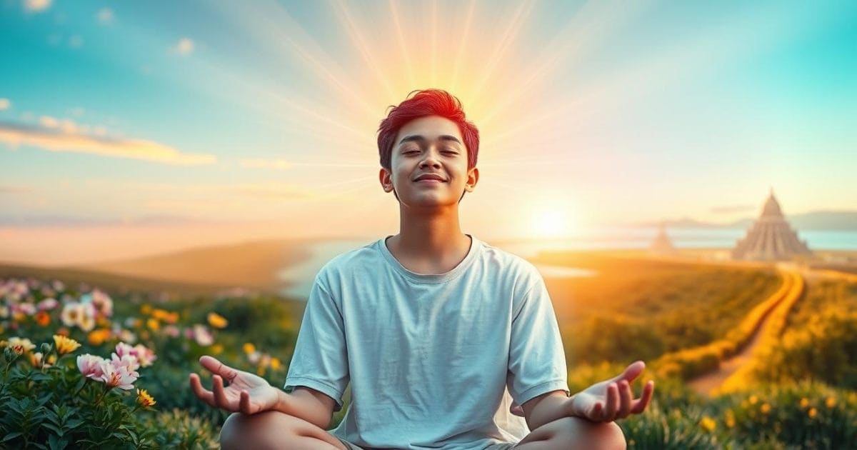 Hình ảnh một người đang thiền định trong khung cảnh thiên nhiên thanh bình vào lúc bình minh, từ tâm trí và trái tim họ phát ra ánh sáng năng lượng rực rỡ. Ánh sáng này tượng trưng cho sức mạnh của suy nghĩ và cảm xúc tích cực đang định hình và kiến tạo nên một tương lai tươi sáng, đầy tiềm năng với những điều tốt đẹp đang nảy nở.