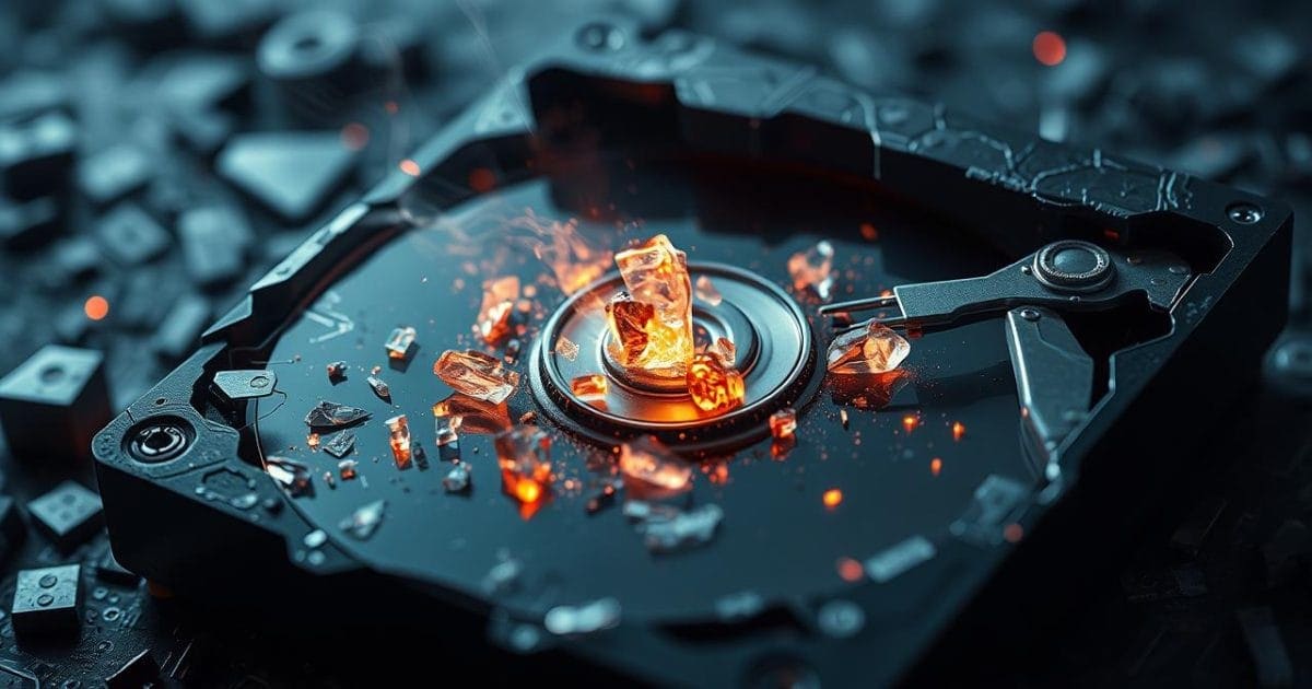 Hình ảnh một ổ cứng máy tính bị hỏng hóc, với các bộ phận bên trong lộ ra, nứt vỡ và phát ra tia lửa điện nhỏ. Bên trong đó, những mảng dữ liệu số được hình dung như các tinh thể phát sáng đang dần tan biến hoặc rơi rụng, tượng trưng cho nguy cơ mất mát dữ liệu vĩnh viễn khi ổ cứng gặp sự cố nghiêm trọng.