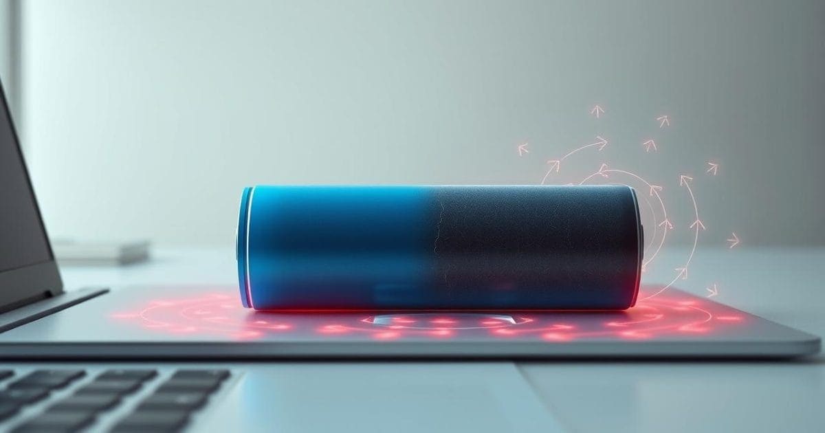 Hình ảnh nghệ thuật mô tả quá trình pin laptop bị chai theo thời gian, với một bên pin còn mới mẻ và bên kia đã có dấu hiệu xuống cấp, nhấn mạnh tác động của các chu kỳ sạc/xả liên tục và nhiệt độ hoạt động cao.