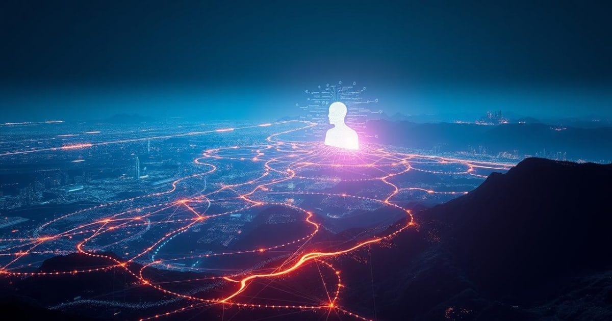 Hình ảnh phong cảnh kỹ thuật số rộng lớn và phức tạp, minh họa mạng lưới Big Data khổng lồ. Các luồng dữ liệu phát sáng từ nhiều nguồn hội tụ và được xử lý nhanh chóng, biến đổi thành một biểu tượng thông tin chi tiết có giá trị, thể hiện khả năng tạo ra sự hiểu biết sâu sắc từ dữ liệu thô, giống như dòng chảy dữ liệu tạo nên một bức tranh ý nghĩa.
