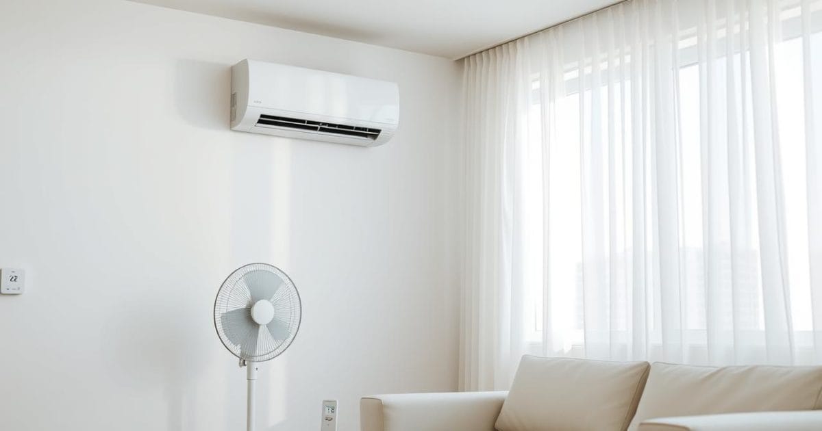 Hình ảnh phòng khách hiện đại, mát mẻ với điều hòa đang hoạt động kết hợp cùng quạt điện, tạo luồng không khí dễ chịu. Nhiệt độ được cài đặt ở mức tối ưu khoảng 26°C, thể hiện cách sử dụng tiết kiệm điện hiệu quả vào mùa hè.