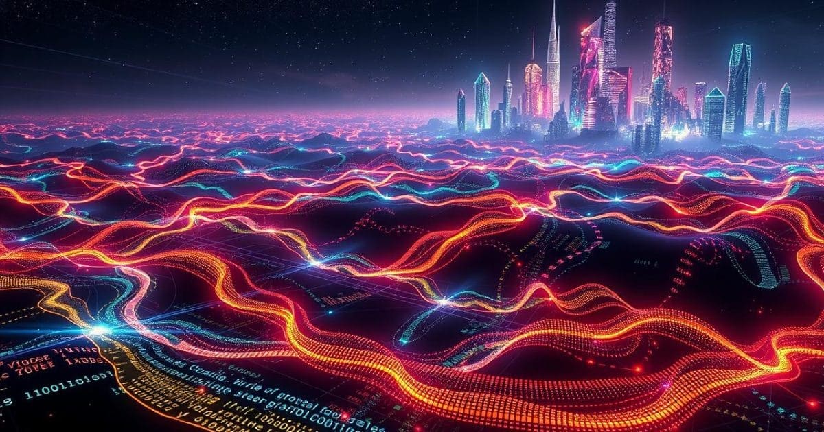 Hình ảnh trừu tượng về Big Data (Dữ liệu lớn), nơi những dòng dữ liệu đa dạng (văn bản, hình ảnh, mã nhị phân) cuồn cuộn chảy như sông, thể hiện sự khổng lồ và tốc độ không ngừng của thông tin trong kỷ nguyên số.