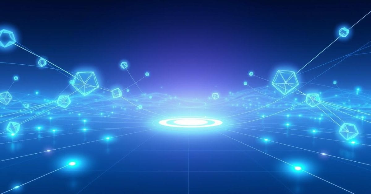 Khung cảnh kỹ thuật số mô tả mạng lưới Proof of Stake (PoS) với các 'node' xác thực được kết nối bởi các luồng dữ liệu ánh sáng màu xanh lam và xanh lục, đại diện cho việc khóa tiền mã hóa và sự đồng thuận hiệu quả năng lượng, không cần phần cứng mạnh mẽ như PoW.