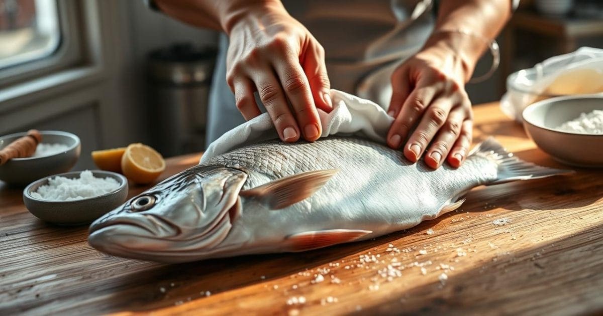 Đầu bếp đang thấm khô cá trước khi chiên