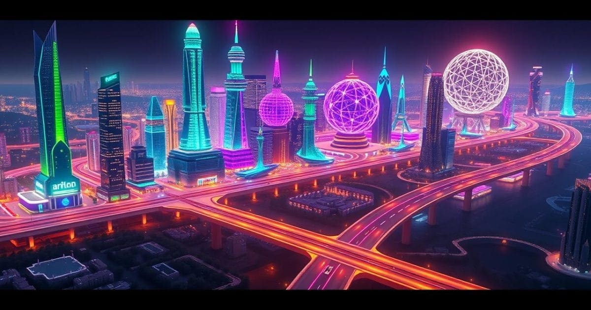 Minh họa một cảnh quan đô thị kỹ thuật số sôi động, nơi nhiều công trình kiến trúc phát sáng đa dạng (tượng trưng cho các loại token như tiện ích, quản trị, NFT) được xây dựng trên một nền tảng blockchain chung rộng lớn, thể hiện sự đa dạng chức năng và khả năng tương tác của token.