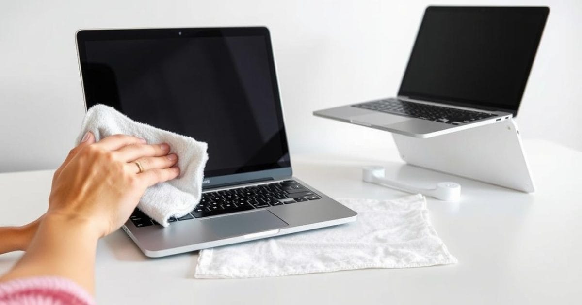 Một đôi tay đang cẩn thận lau khô bàn phím laptop bằng khăn mềm, sau đó lật ngược máy theo hình chữ 'V' để nước chảy ra ngoài, minh họa bước quan trọng trong quy trình làm khô sơ bộ sau khi laptop bị chất lỏng tràn vào, giúp ngăn chặn nước thấm sâu hơn.