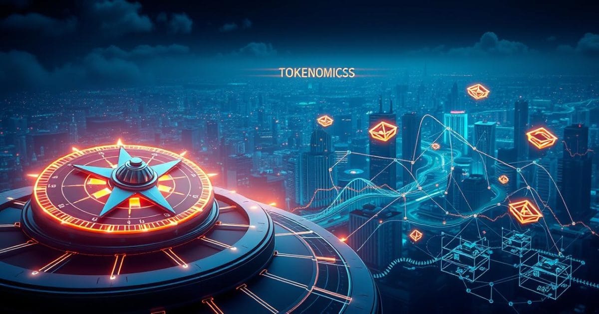Một hình ảnh minh họa Tokenomics như la bàn dẫn đường trong thế giới tiền điện tử, với la bàn kỹ thuật số phát sáng và các biểu đồ tài chính phức tạp liên kết chặt chẽ trong một không gian mạng lưới tương lai.