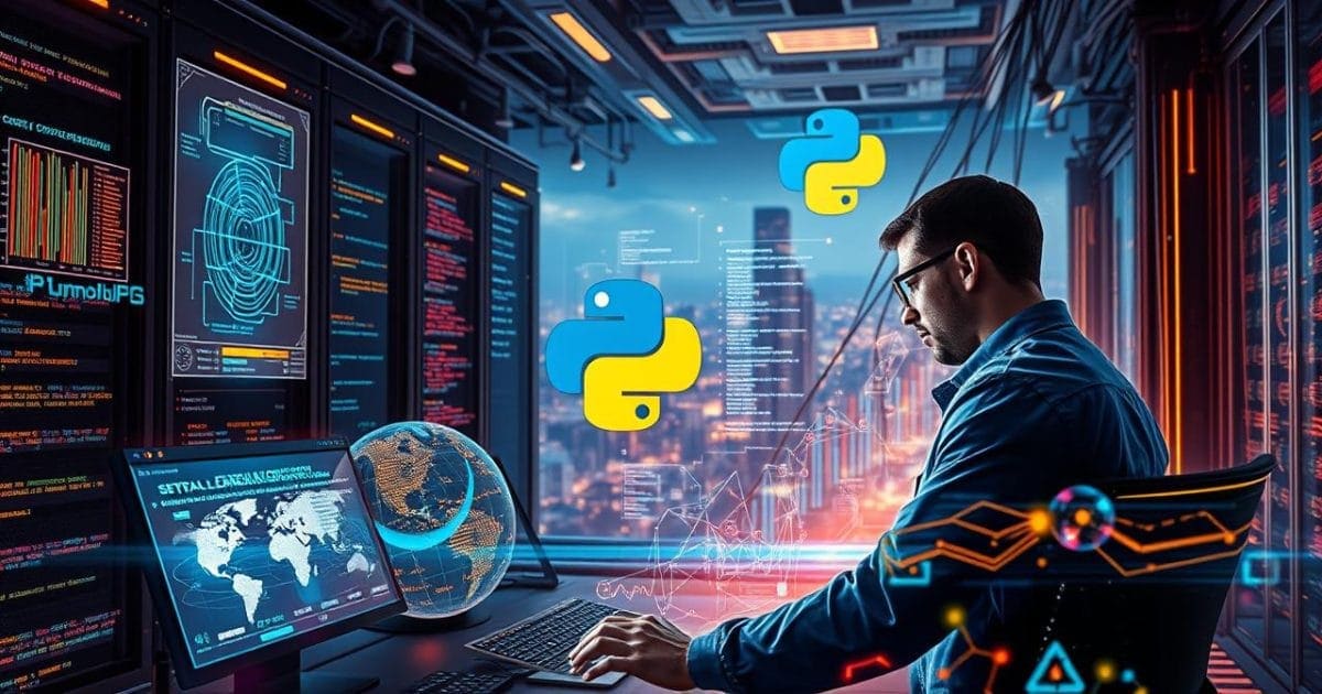Một kỹ sư máy học đang làm việc trong một trung tâm công nghệ tiên tiến, với các màn hình hiển thị mô hình học sâu, mạng nơ-ron và luồng dữ liệu lớn, thể hiện khả năng mạnh mẽ của Python trong phát triển AI và triển khai ứng dụng quy mô lớn.
